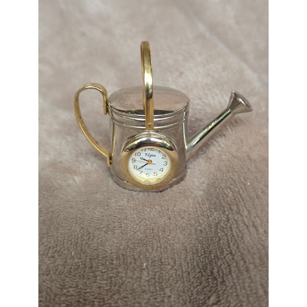 Elgin Miniature Watering Can Desk Clock Silver Gold Tone Novelty Quartz Decor
